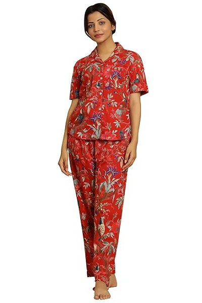 Floral Printed Red Pajama Set