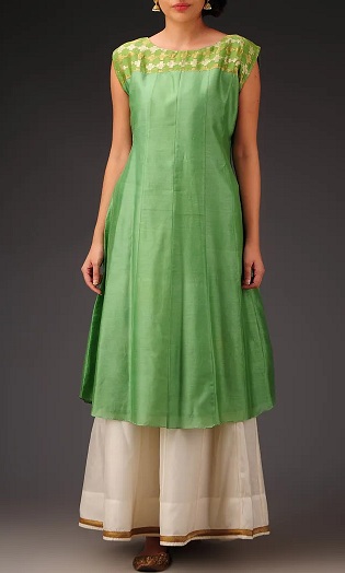 Chanderi Sleeveless Green Kurti Design