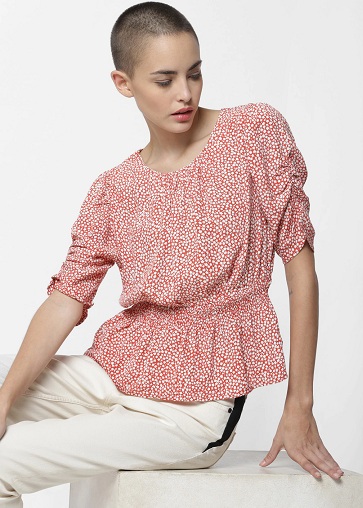 Cinched-Waist Tops with Round Neck