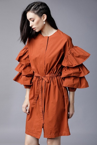 Cotton Blouson Dress With Puff Sleeves