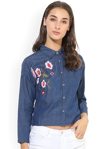 Cropped Embroidered Denim Shirt