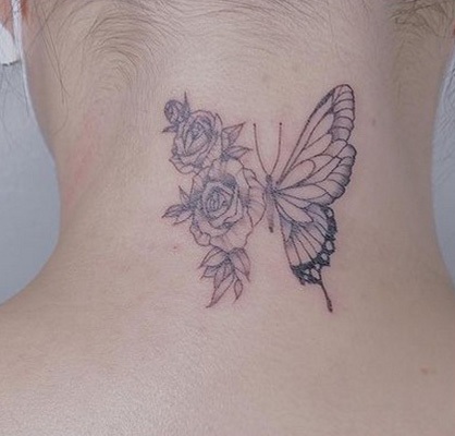 Expressive Rose And Butterfly Tattoo