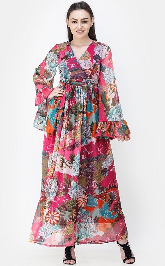 Floral Bell Sleeve Ruffle Dress