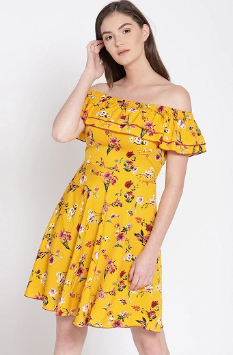 Knee Length Off-Shoulder Floral Dress