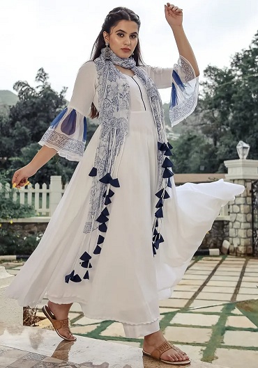 Ada Hand Embroidered White Georgette Lucknowi Chikan Women Kurta With Slip  - A411127 - Ada - 3385805