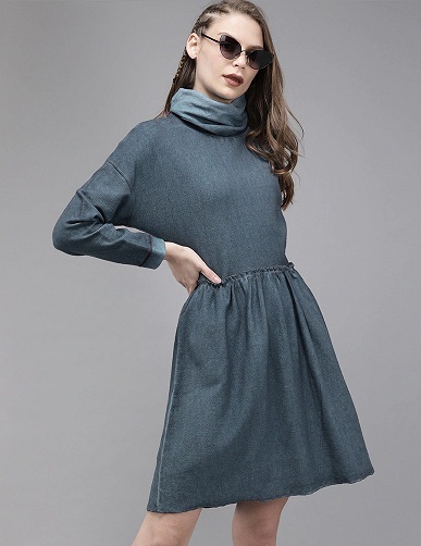 Cotton Fit and Flare Cowl Neck Dress