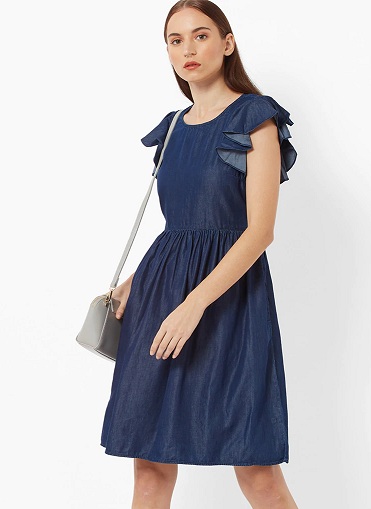 Denim A-Line Dress with Ruffle Sleeves
