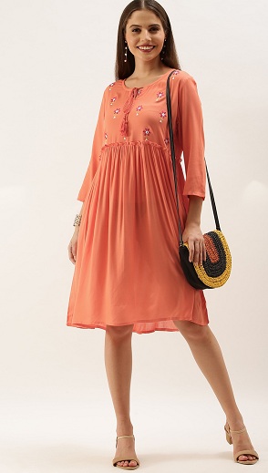 Pleated Embroidered A Line Dress