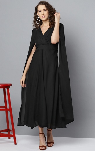 V Neck Cape Dress with Long Sleeves
