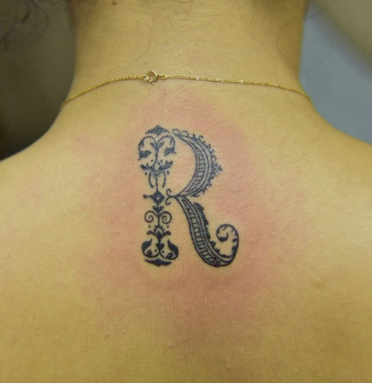 R Letter Tattoo Design On Neck
