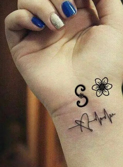 Floral S Letter Tattoo With A Heartbeat