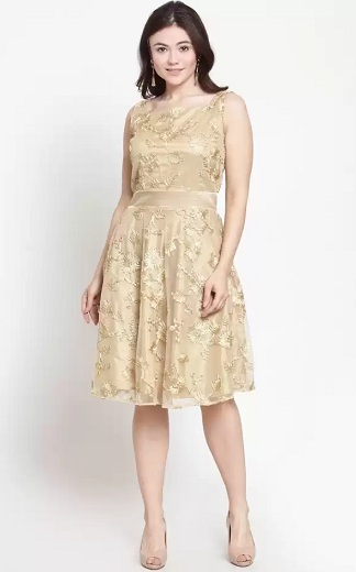 Gold Lace Fit And Flare Dress