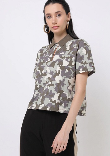 Polo Neck Army Print T Shirt For Women