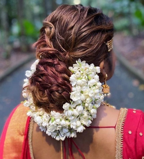 South Indian Bridal Braided Bun Hairstyle with Flowers