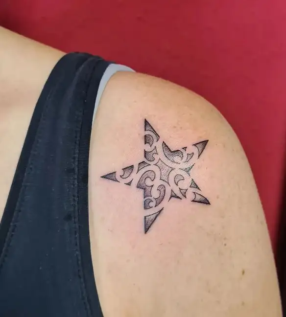 Black Ink Nautical Star Tattoo Design For Leg