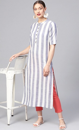 Striped Cotton Kurti with Short Sleeves