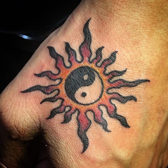Tribal Sunrise Tattoo With Yin And Yang