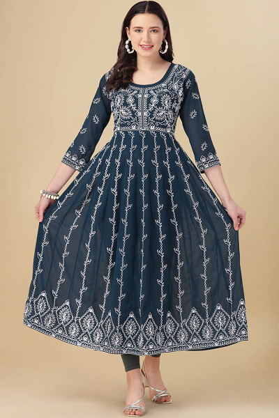 Georgette Blue Embroidered Long Kurti