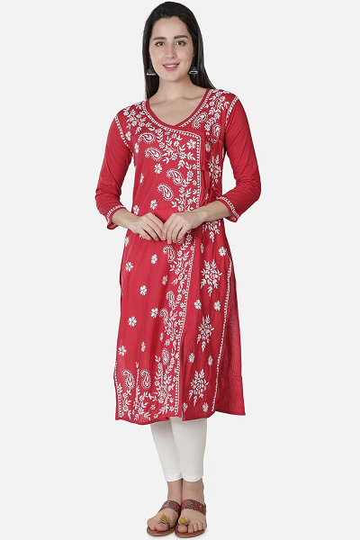 Red Cotton Heavy Embroidered Kurti