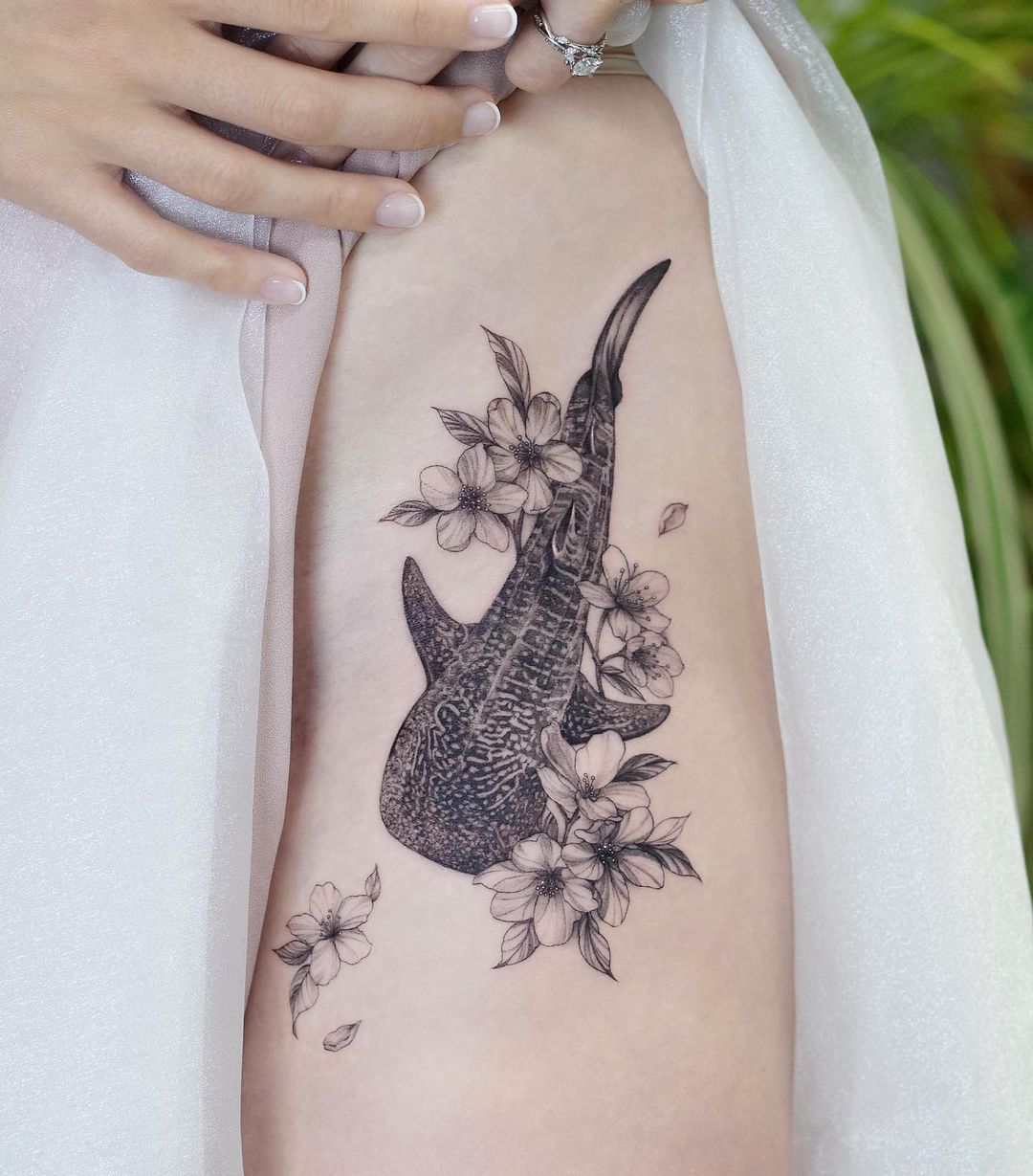 Blossoming Koi Thigh Tattoo For Women