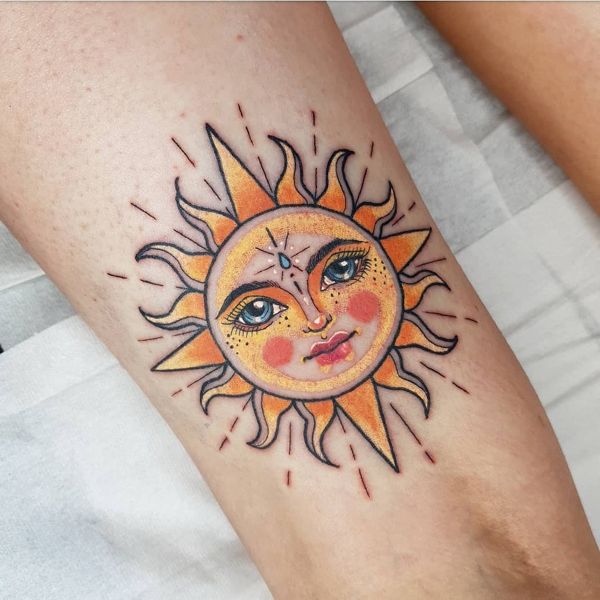 Colorful Sun Face Tattoo Design