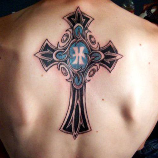 Crucifix H Letter Tattoo On The Back