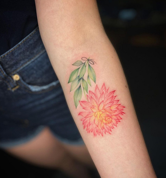 Dahlia Flower Tattoo On Forearm