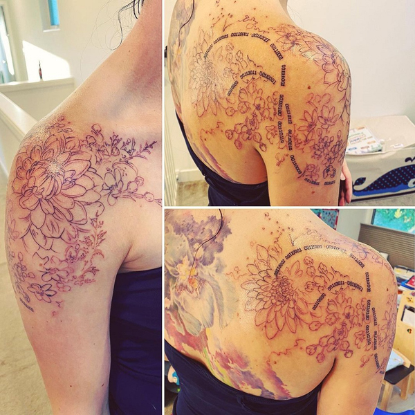 Extensive Dahlia Shoulder Tattoo
