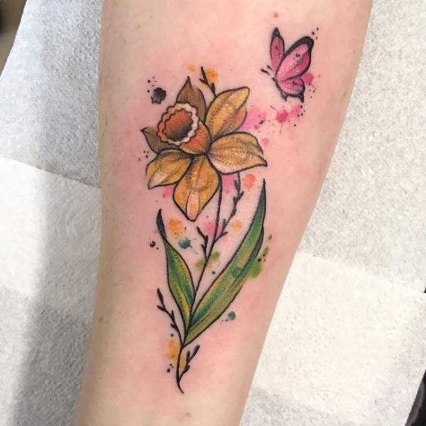 Gorgeous Daffodil And Butterfly Tattoo