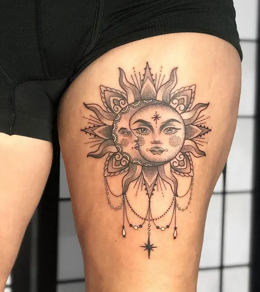Spiritual tattoo by Ilayda Atlas inked on the right thigh  Thigh tattoos  women Spiritual tattoos Tattoos for women