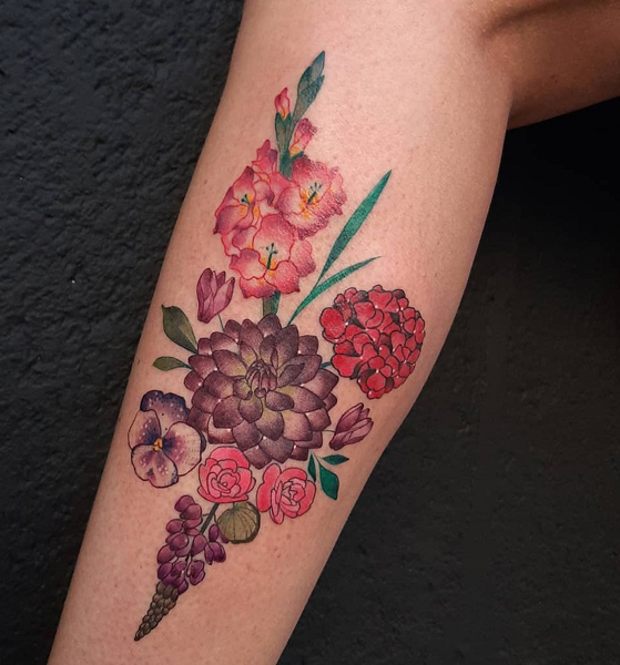 Red And Purple Dahlia Tattoo On The Leg