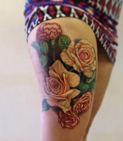 Rose And Carnation Flower Tattoo On The Thigh