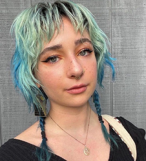 Blue Shaggy Haircut with Layers and Pigtails