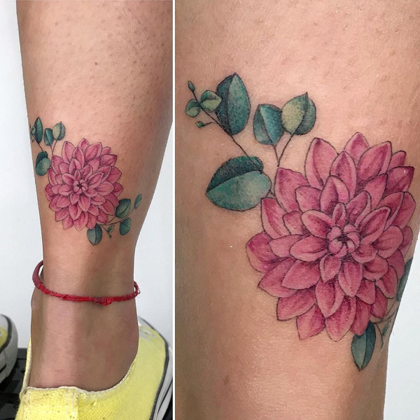 Traditional Dahlia Tattoo On The Ankle