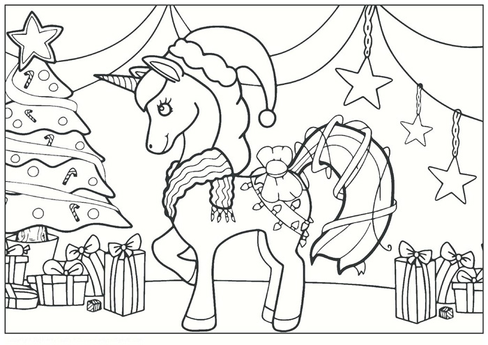 Christmas Unicorn Coloring Page