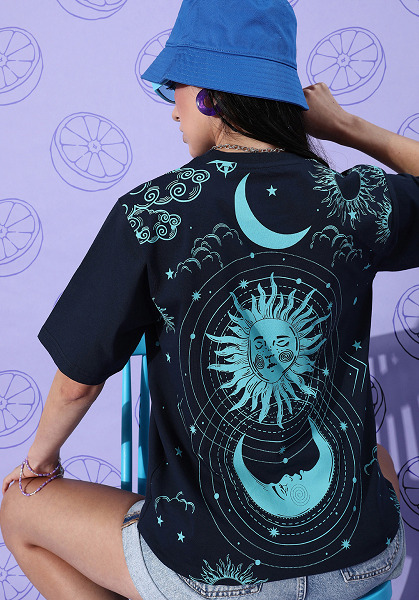 Moon, Sun And Star Print Oversized T Shirt