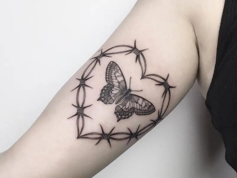Fine line barbed wire butterfly tattoo on the hand