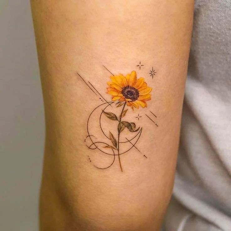 Celestial Sunflower Arm Tattoo With Geometric Accents