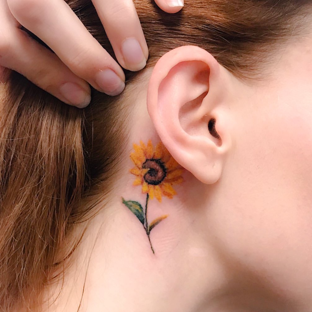 Delicate Sunflower Neck Tattoo
