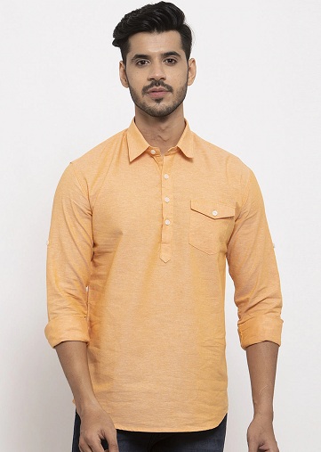 Orange Short Pathani Kurta For Mens