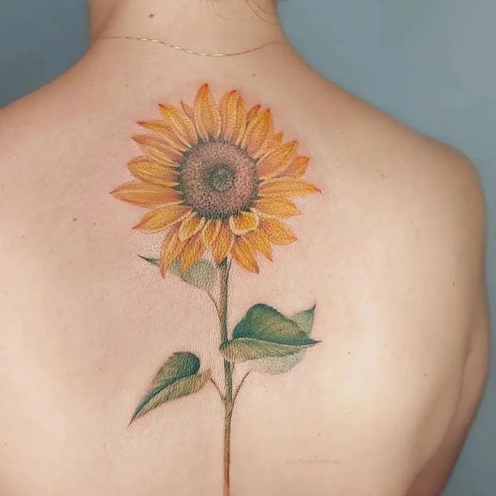 Realistic Sunflower Back Tattoo In Full Bloom