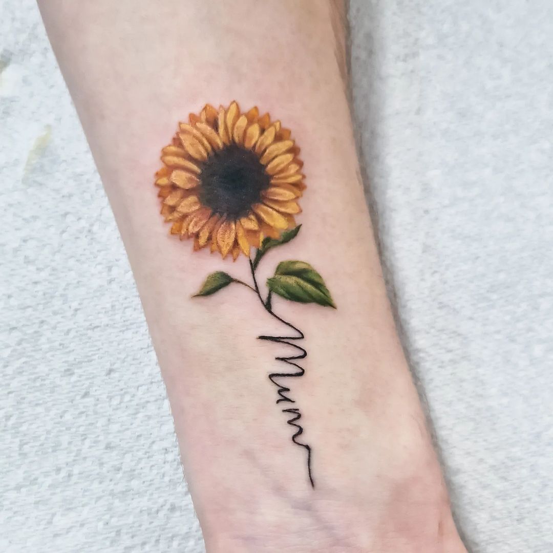 Realistic Sunflower Wrist Tattoo With Personalized Name