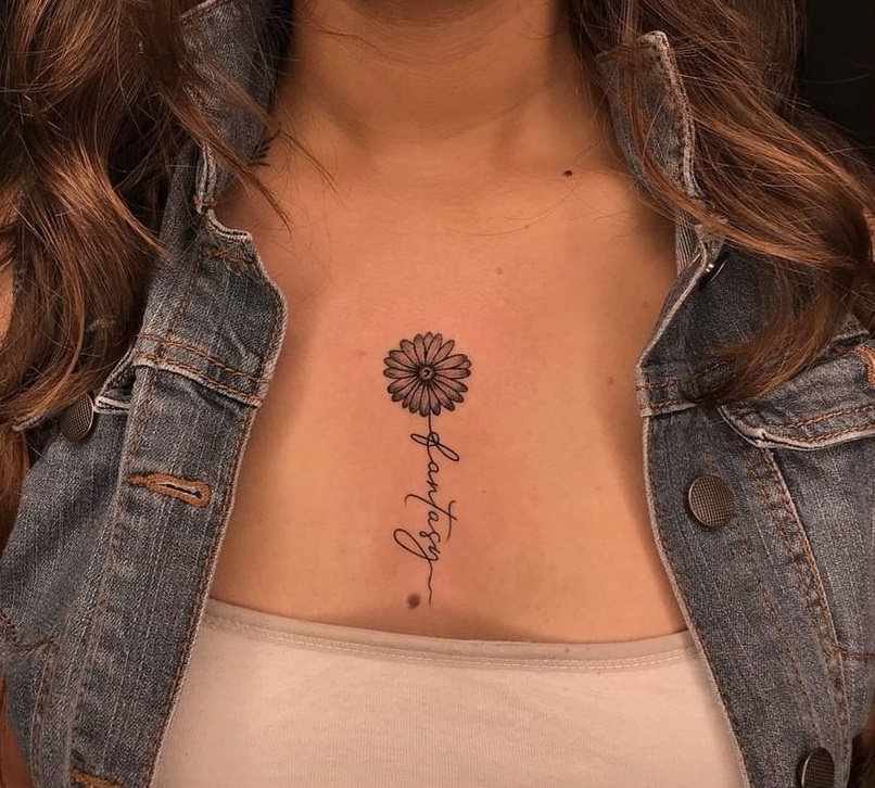 Sunflower Sternum Tattoo With Elegant Script