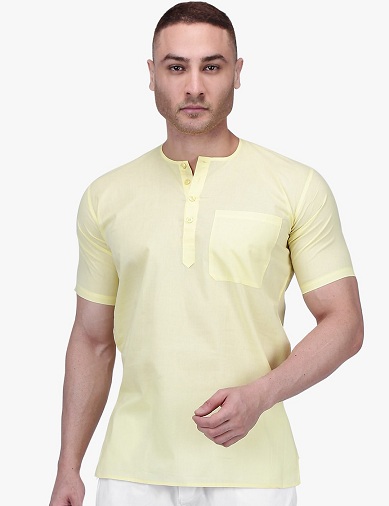 Yellow Half Sleeve Short Kurta For Mens