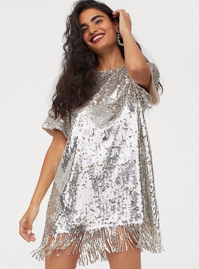 Asymmetric Mini Sequin Dress With Fringes