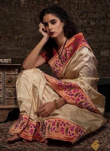 Buy Beige Handwoven Paithani Silk Saree Online at Jaypore.com