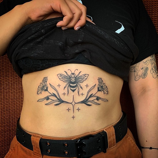 Bee And Flowers Stomach Tattoo