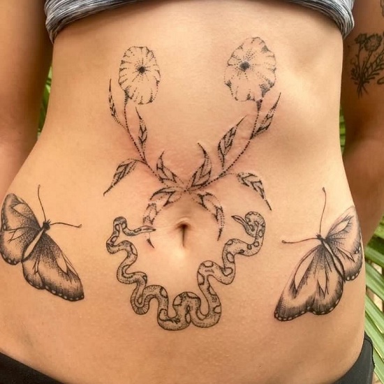 Butterfly And Flowers Tattoo On The Stomach