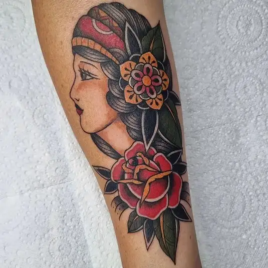 Traditional gypsy head tattoo done at Inkslingers in Newcastle    rtraditionaltattoos