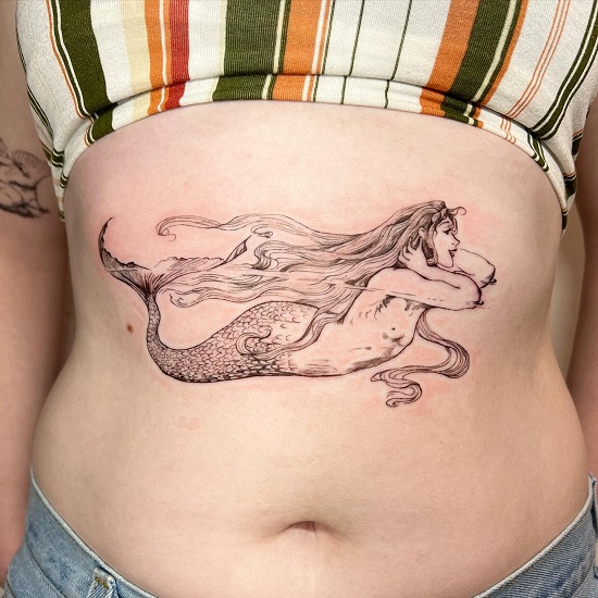 Mermaid Traditional Stomach Tattoo